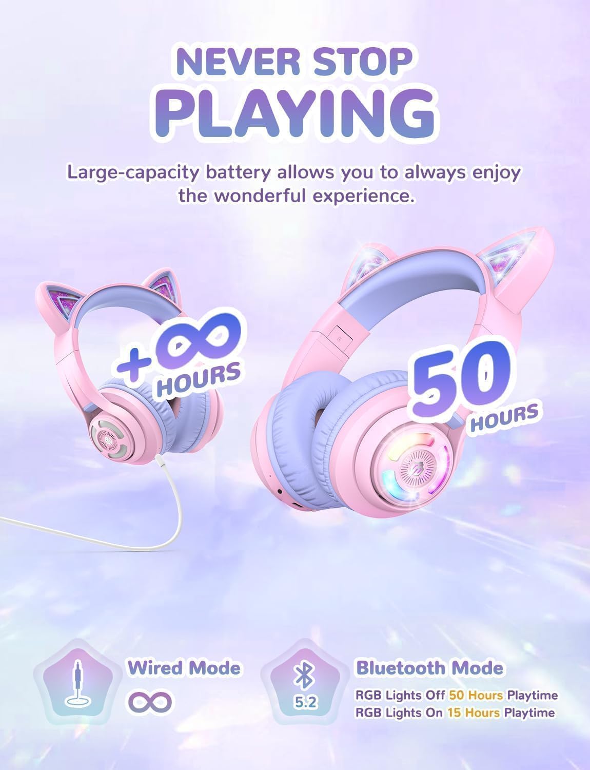 Căști iClever BTH13 Cat Ear Pentru Copii, Bluetooth 5.2, LED RGB , Volum Limitat 74/85dBA, Redare 50h, USB C, Wireless, Culoare Light Purple