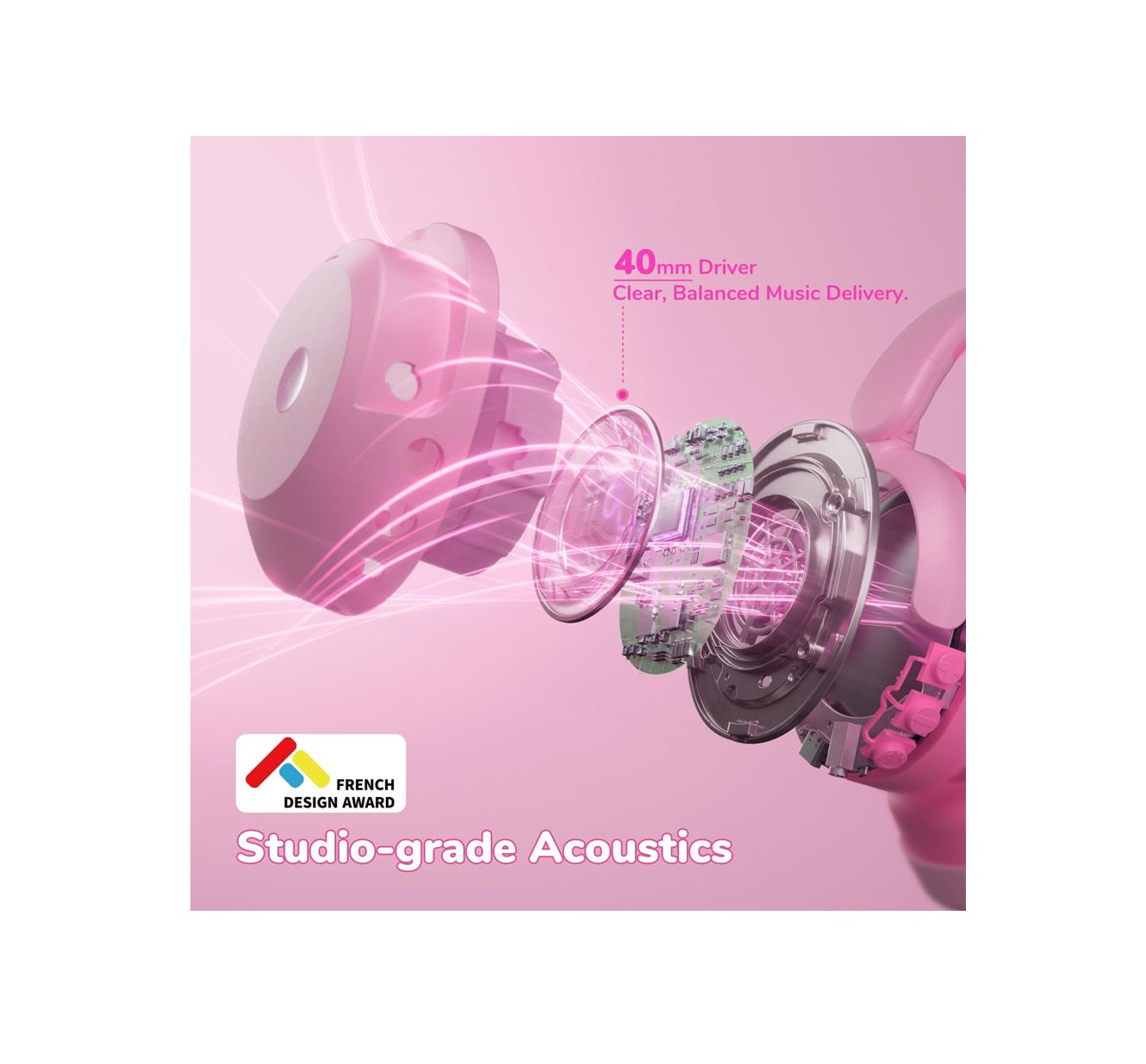 Căști iClever BTH20, Anulare Activă Zgomot, Redare 60 Ore, Incărcare Rapidă Tip C, Volum 80dBA, Bluetooth 5.4, Wireless, Culoare Roz