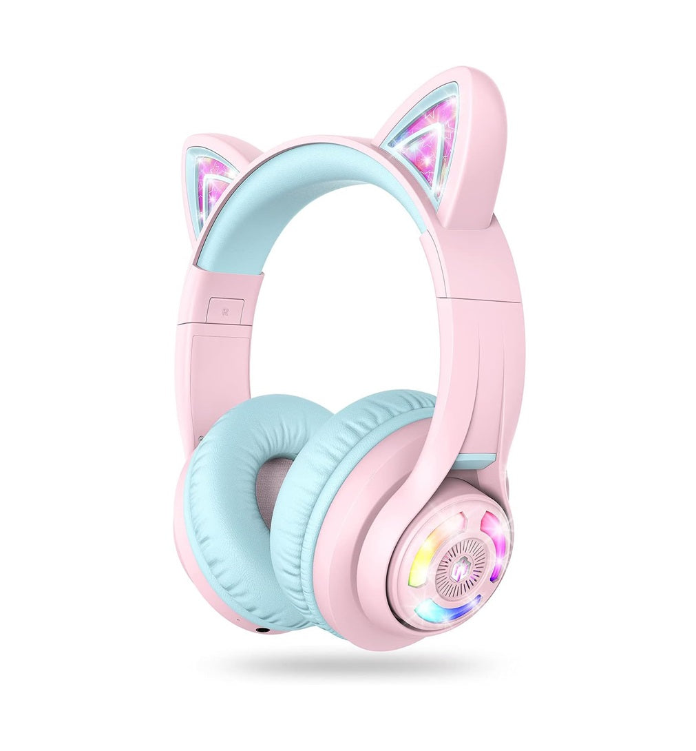 Căști iClever BTH13 Cat Ear Pentru Copii, Bluetooth 5.2, LED RGB , Volum Limitat 74/85dBA, Redare 50h, USB C, Wireless, Meow Macaron Pink