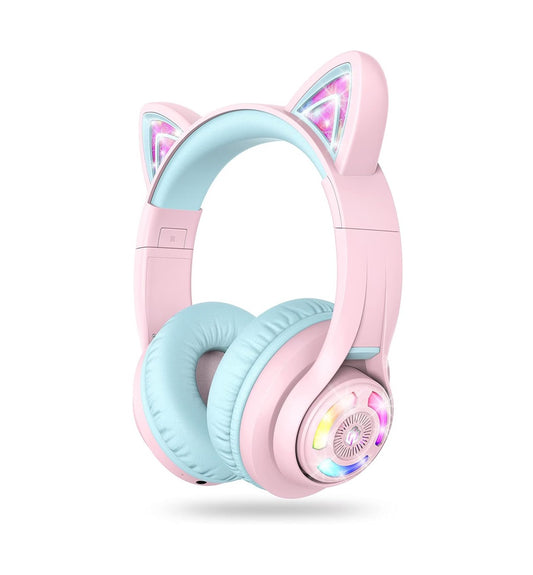 Căști iClever BTH13 Cat Ear Pentru Copii, Bluetooth 5.2, LED RGB , Volum Limitat 74/85dBA, Redare 50h, USB C, Wireless, Meow Macaron Pink