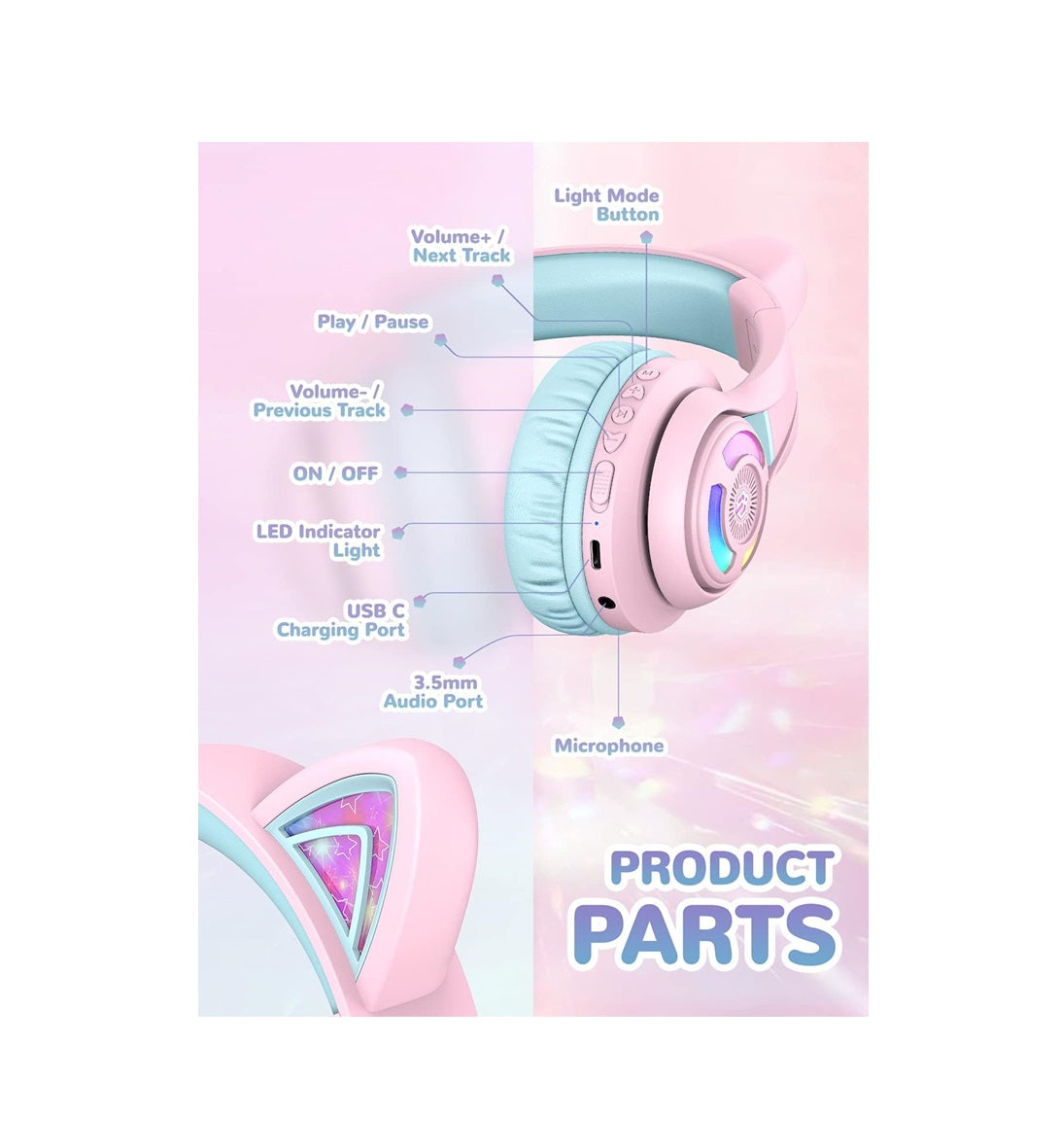 Căști iClever BTH13 Cat Ear Pentru Copii, Bluetooth 5.2, LED RGB , Volum Limitat 74/85dBA, Redare 50h, USB C, Wireless, Meow Macaron Pink