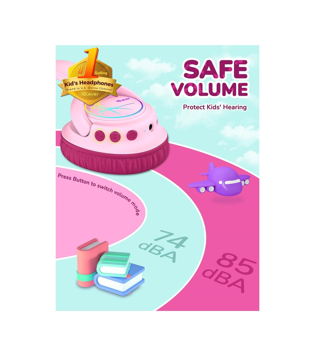 Căști iClever BTH18 Pentru Copii, Lumini LED, 43h redare, Incărcare Rapidă Type-C, Volum Sigur 74/85dBA, Bluetooth 5.3, Culoare Pink