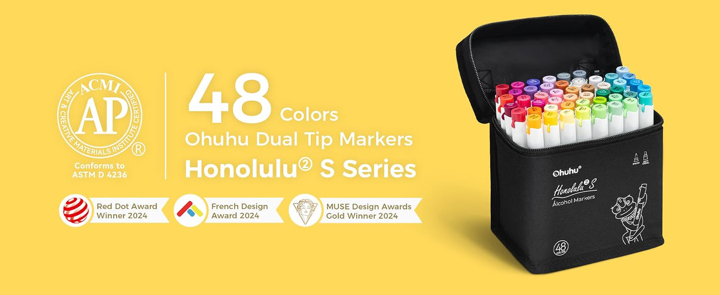 Ohuhu Honolulu² S, Set 48 Markere, Baza Alcool, Dual Soft Tips Brush&Soft Chisel, Multicolor Y30-80406-40