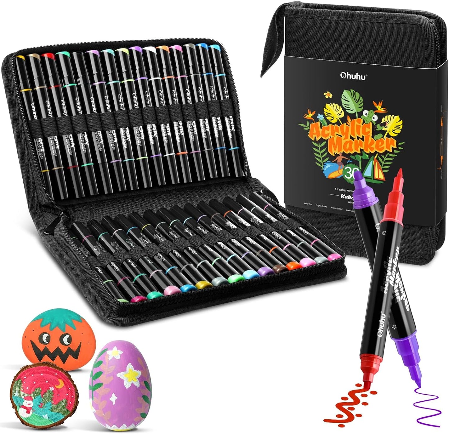 Ohuhu Kakaako Set 30 Markere, Vopsea Acrilica, Baza Apa, Varf Dublu Rotund Si Subtire, Pentru Sticla, Ceramica, Pietre, Lemn, Plastic, Hartie, Panza, Multicolor Y30-80601-73