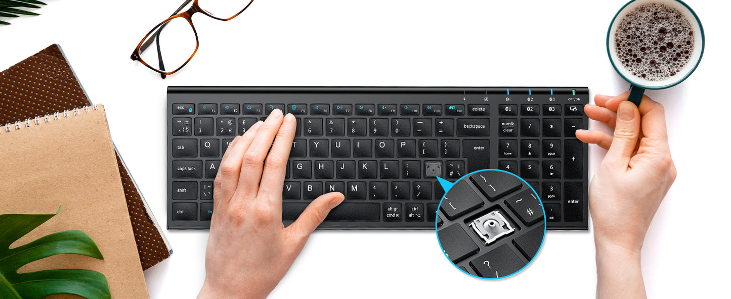 Tastatura Bluetooth 5.1 iClever IC-BK10, Fara Fir, Ultra Subtire, Reincarcabila, Multi Dispozitive, 99 Taste, USB-C, Design Ergonomic, Culoare Negru