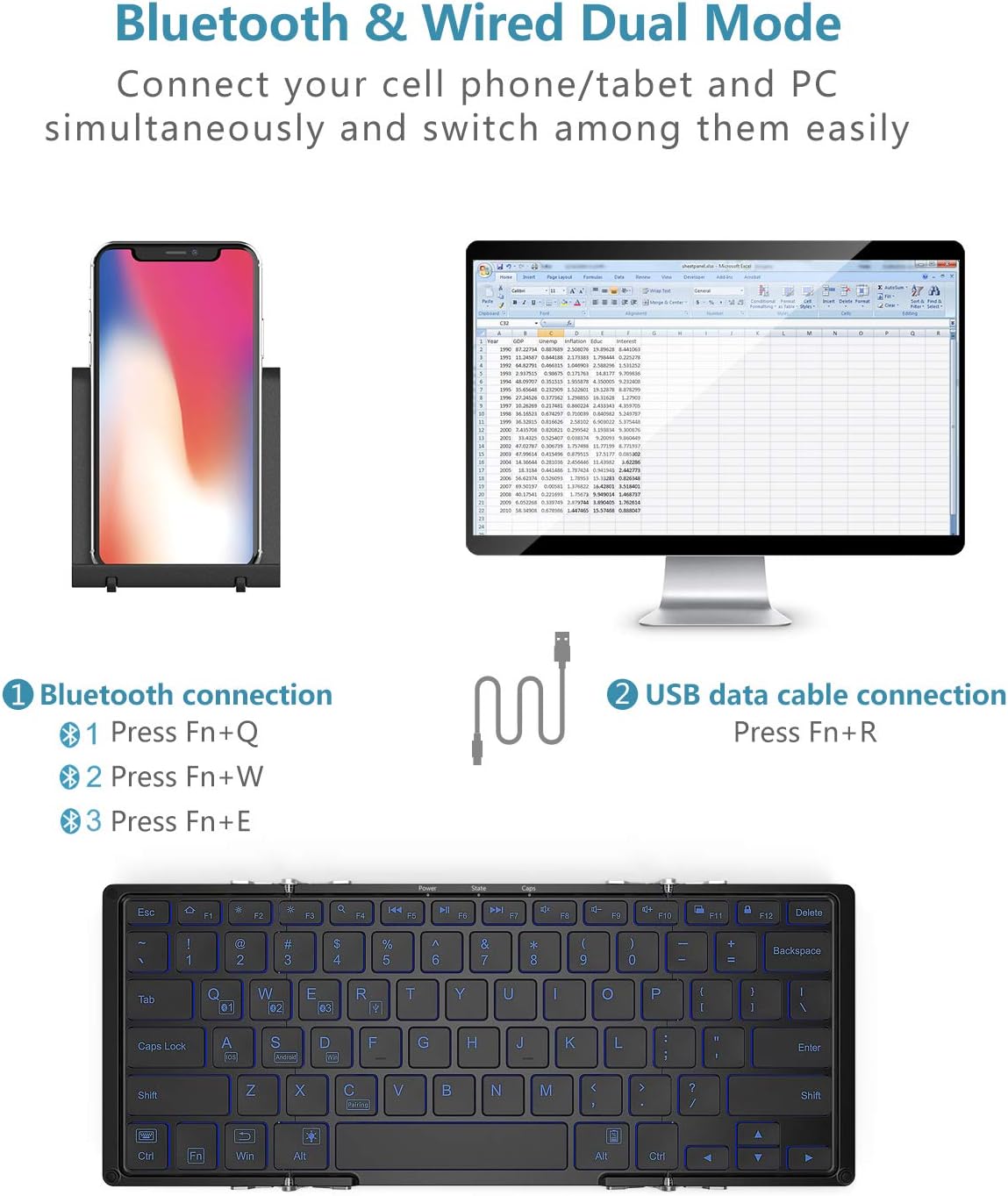 Tastatura iClever IC-BK05, Bluetooth 5.1, Pliabila, Fara Fir Si Cablu, Iluminare In 3 Culori, Baza Din Aliaj De Aluminiu Calitate Aeronautica