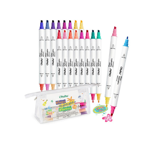 Ohuhu Set 16 Markere Highlighters, 32 Culori, Vârf Dublu Dalta Si Fin, Culori Duble, Bază Apă, Multicolor, Y30-80601-40