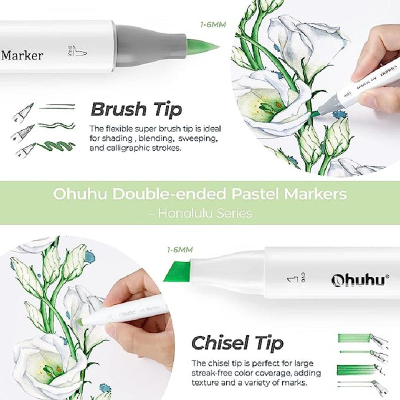 Ohuhu Honolulu Set 48 Markere, Varf Dublu Brush&Chisel, Baza Alcool, Blossoming Y30-80402-46