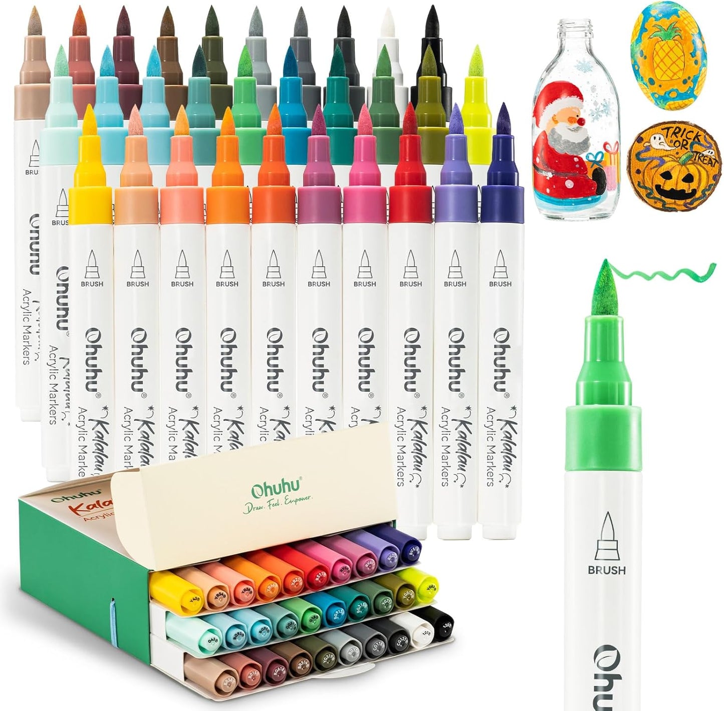 Ohuhu Kalalau 30 Markere Acrilice, Baza Apa, Varf Brush Flexibil, Pentru Sticla, Ceramica, Pietre, Lemn, Plastic, Hartie, Panza, Multicolor Y30-80601-82