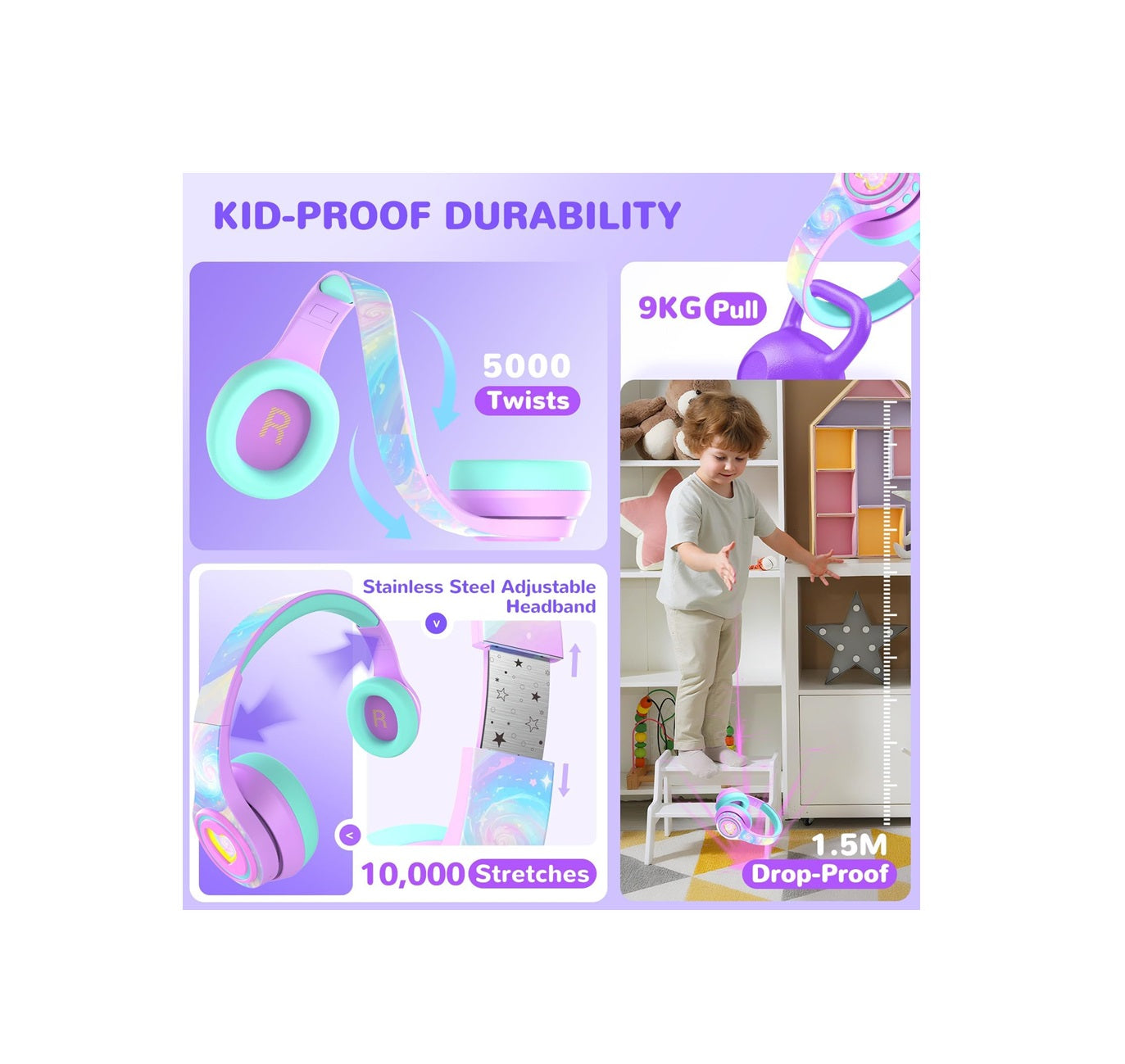 Căști iClever Auraa, Anulare Activă Zgomot, Iluminare LED, Bluetooth 6.0, Volum Sigur 80dBA, Redare 47h, Wireless, Microfon, Violet