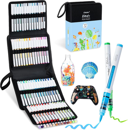 Ohuhu Kahuku Set 72 Markere Acrilice, Direct-Ink, Baza Apa, Varf Flexibil, Pentru Sticla, Ceramica, Pietre, Lemn, Plastic, Hartie, Panza, Multicolor Y30-80602-07