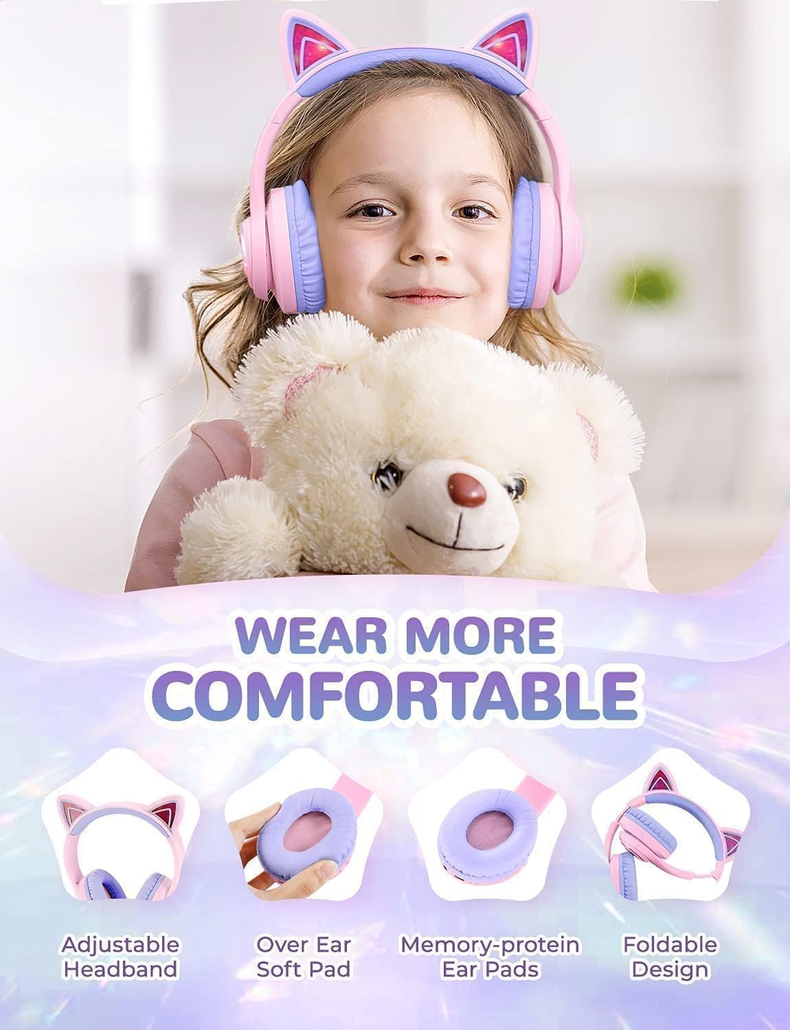Căști iClever BTH13 Cat Ear Pentru Copii, Bluetooth 5.2, LED RGB , Volum Limitat 74/85dBA, Redare 50h, USB C, Wireless, Culoare Light Purple