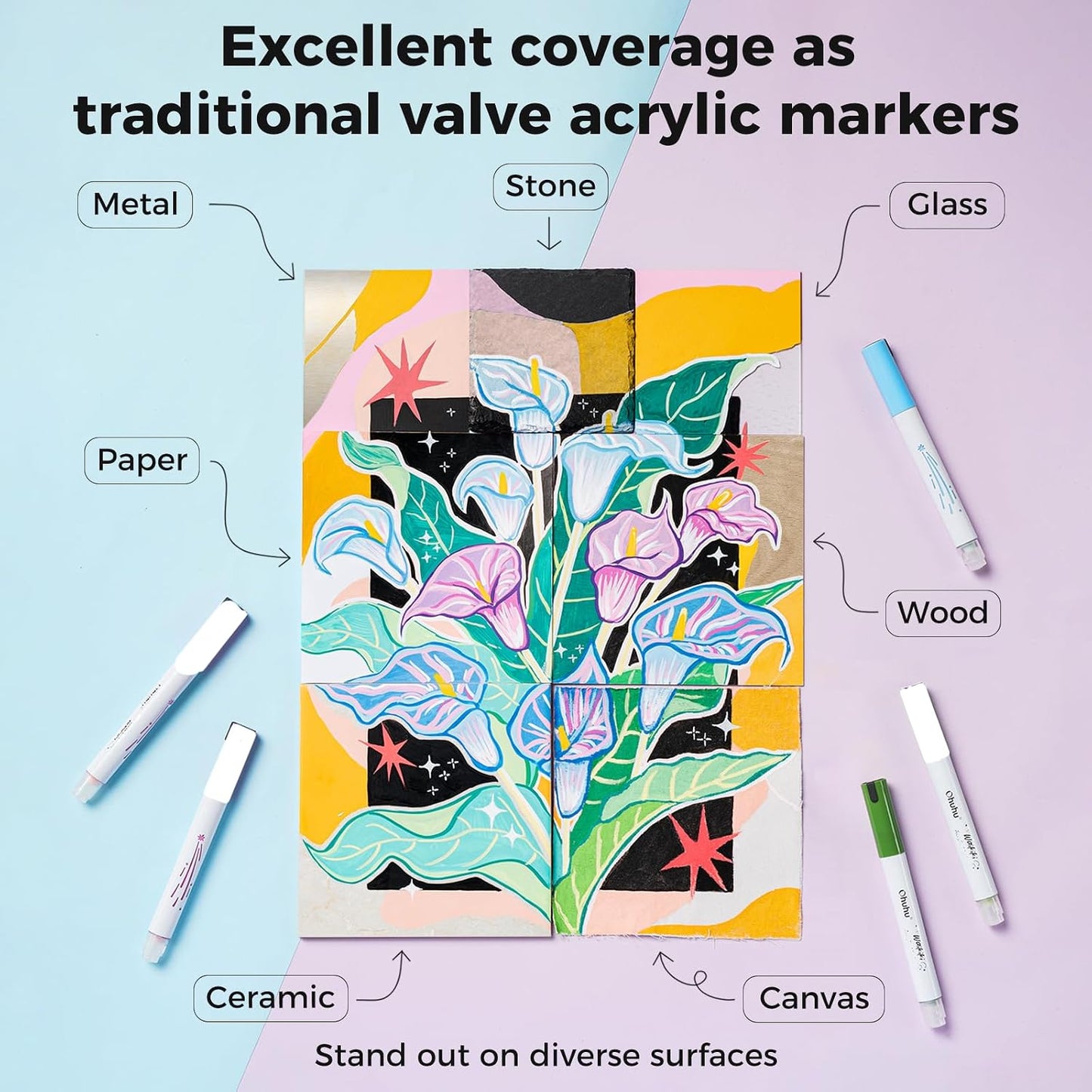 Ohuhu Waikiki Set 36 Markere Acrilice, Baza Apa, Varf Brush Flexibil, Pentru Sticla, Ceramica, Pietre, Lemn, Plastic, Hartie, Panza, Multicolor Y30-80601-99
