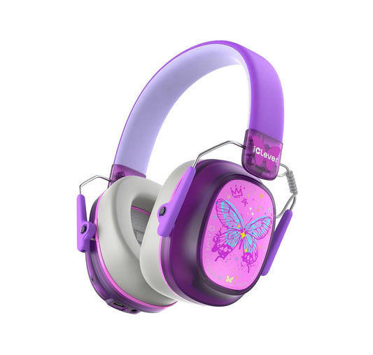 Căști iClever EM02 Pentru Copii/Adulti, Anulare Zgomot,Protecție Urechi, Bluetooth, Timp Redare 60 h, Volum Sigur 80dBA, Culoare Purple