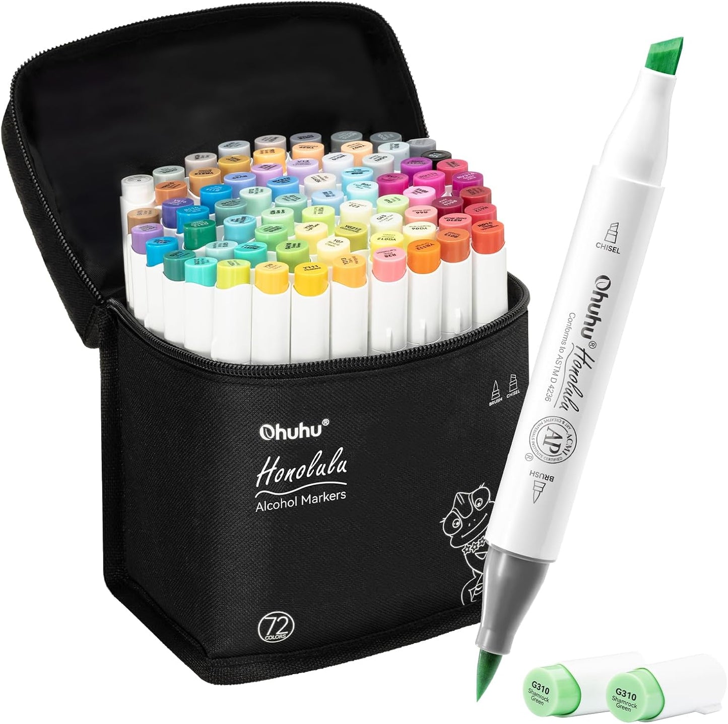 Ohuhu Honolulu Set 72 Markere, Baza Alcool, Dual Tips Brush&Chisel, Multicolor  Y30-80404-25