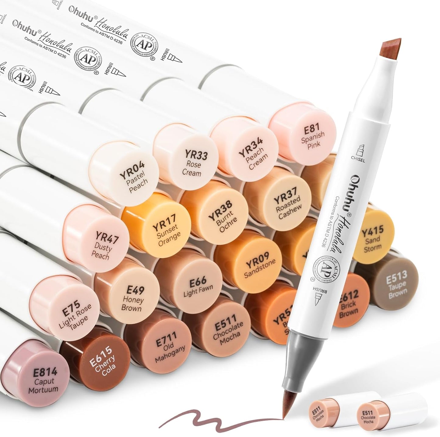 Ohuhu Honolulu Set 24 Markere, Baza Alcool, Dual Tips Brush&Chisel, Skin Tones Y30-80404-29