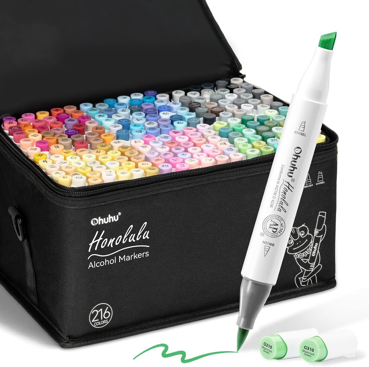 Ohuhu Honolulu Set 216+1 Markere, Baza Alcool, Dual Tips Brush&Chisel, Multicolor Y30-80404-07