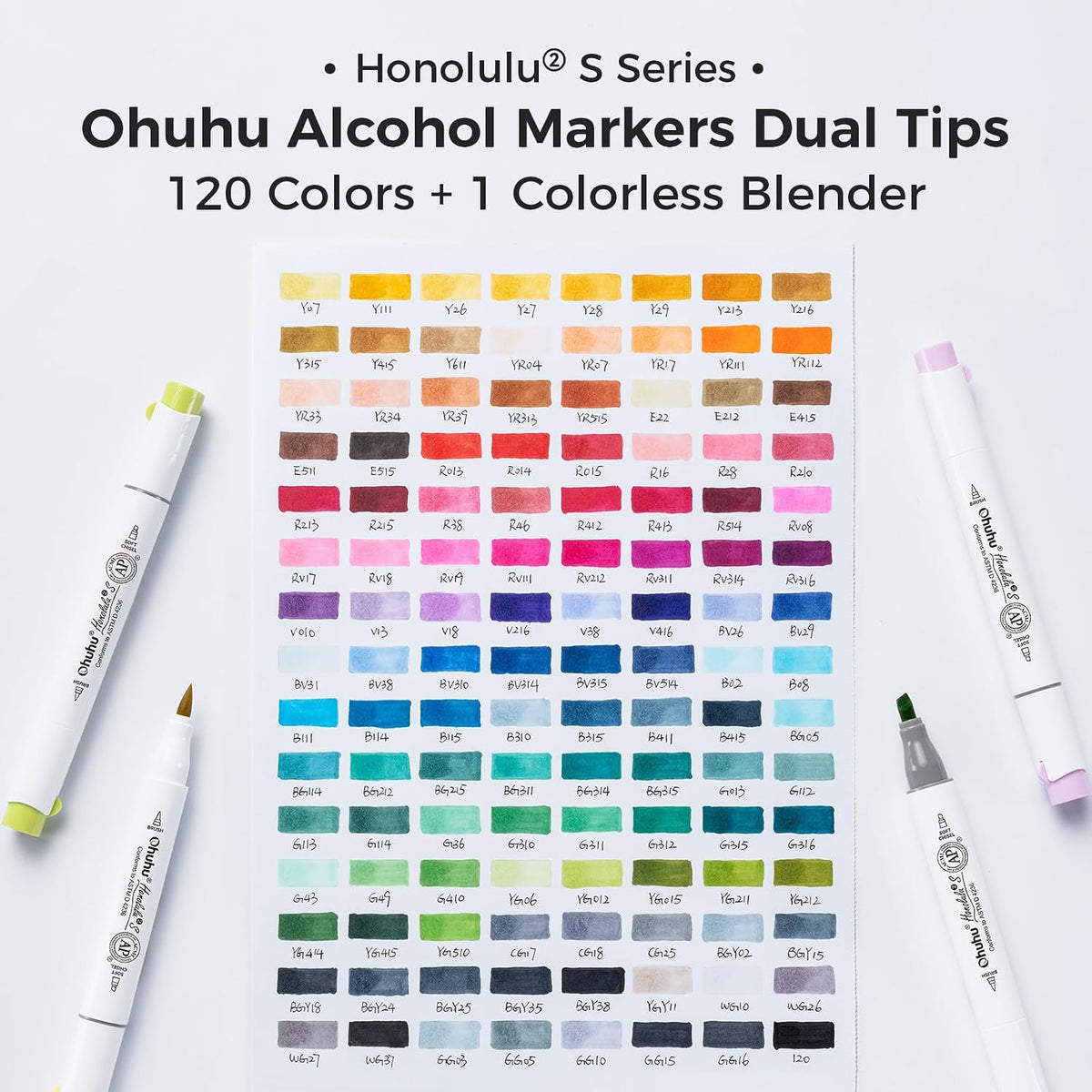 Ohuhu Honolulu² S, Set 120 Markere, Baza Alcool, Dual Soft Tips Brush&Soft Chisel, Multicolor Y30-80406-42