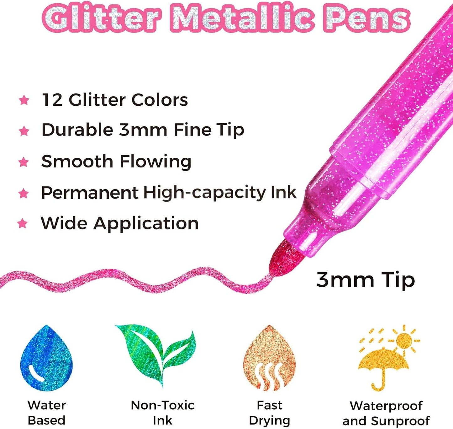 Ohuhu Set 12 Markere Glitter Metallic, Baza Apa, Varf Rotund 3.0 mm, Multicolor Y30-80601-97