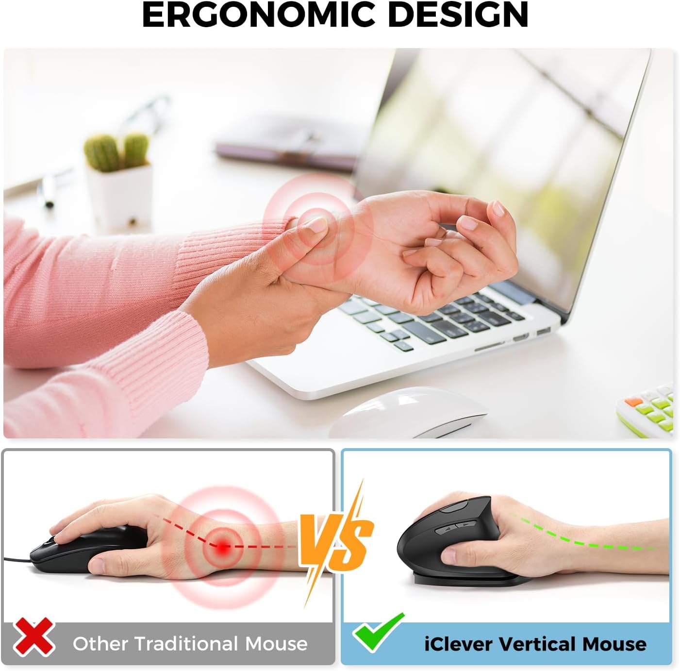 Mouse Ergonomic iClever TM254G, Vertical, Fara Fir, 2.4G, Silentios, 7 Butoane, USB-C, Reincarcabil, 800/1200/1600/2400 DPI, Inclinare reglabila, Negru