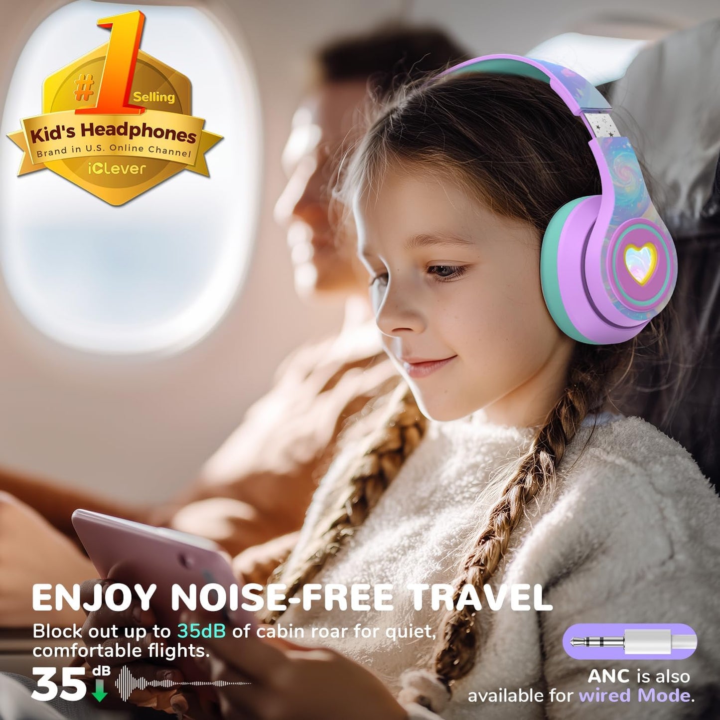 Căști iClever Auraa, Anulare Activă Zgomot, Iluminare LED, Bluetooth 6.0, Volum Sigur 80dBA, Redare 47h, Wireless, Microfon, Violet