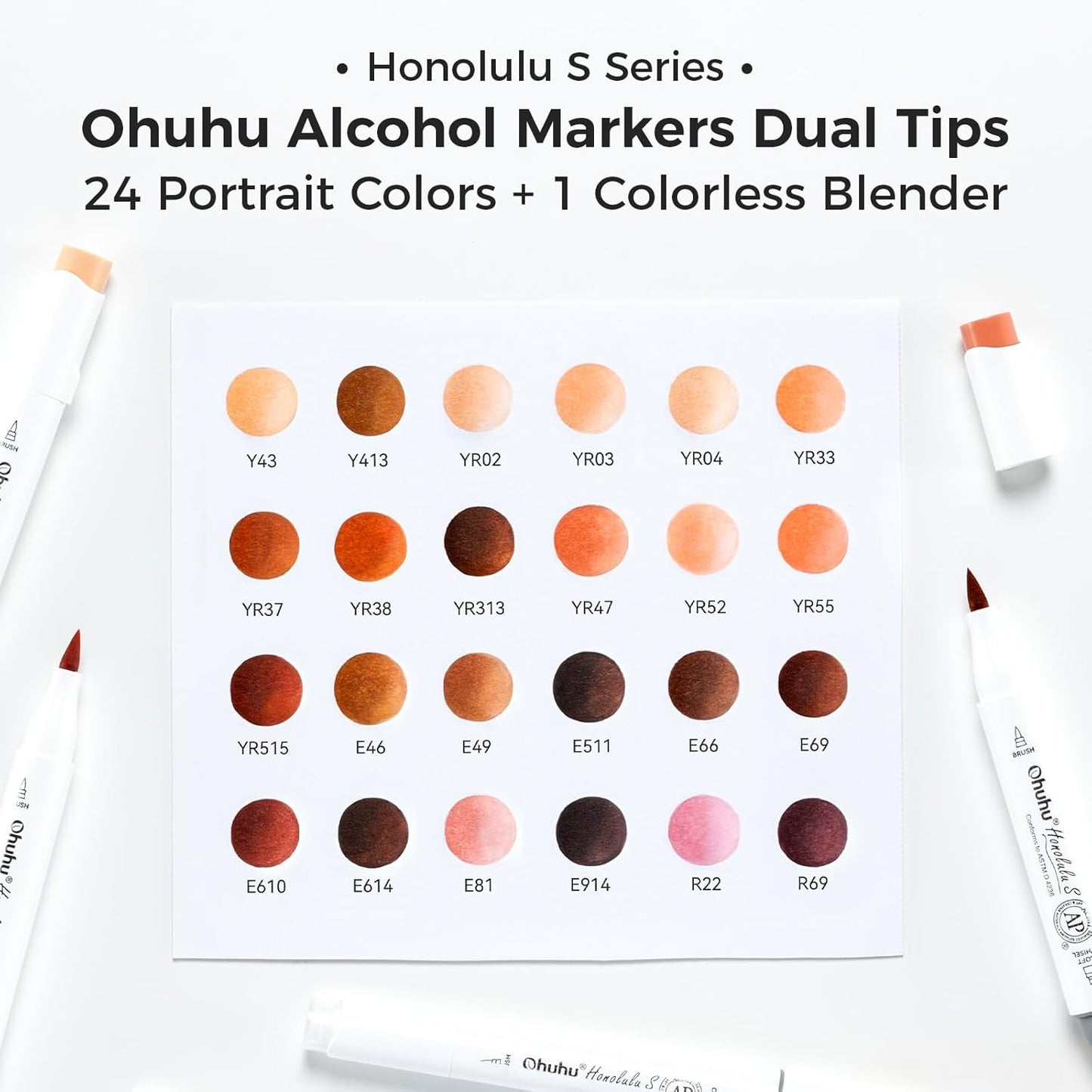 Ohuhu Honolulu S, Set 24 Markere, Baza Alcool, Dual Soft Tips Brush&Soft Chisel, Skin Tones Y30-80405-37