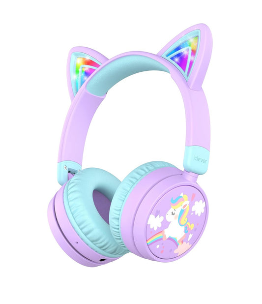 Căști iClever BTH21 Pentru Copii, Urechi Pisică Luminoase, Volum Sigur 74/85dBA, Timp Redare 60h, Bluetooth 5.3, USB C, Wireless, Cablu AUX, Culoare Violet/Verde