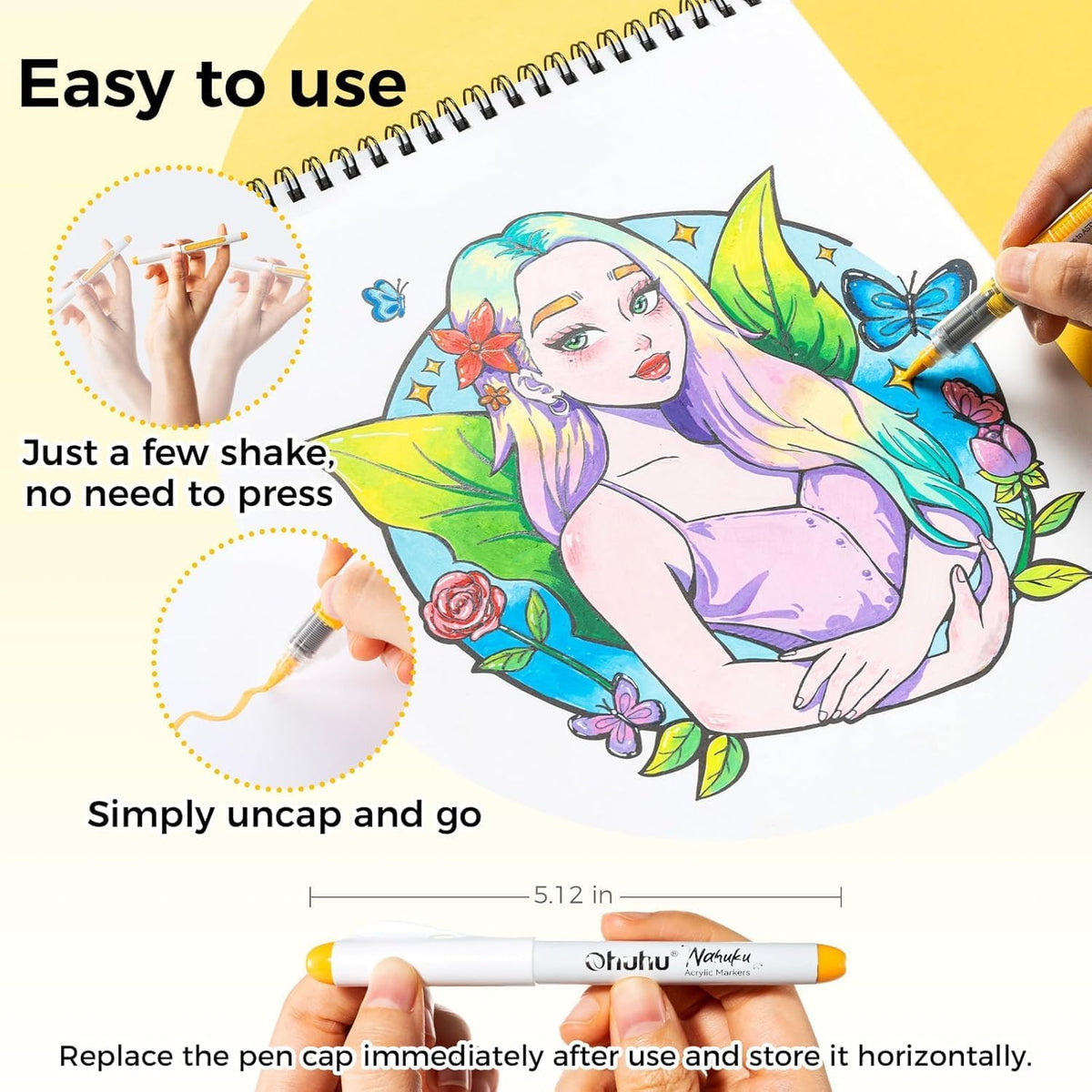 Ohuhu Nahuku Set 72 Markere Acrilice, Direct-ink, Baza Apa, Varf Flexibil, Pentru Sticla, Ceramica, Pietre, Lemn, Plastic, Hartie, Panza, Multicolor Y30-80602-14