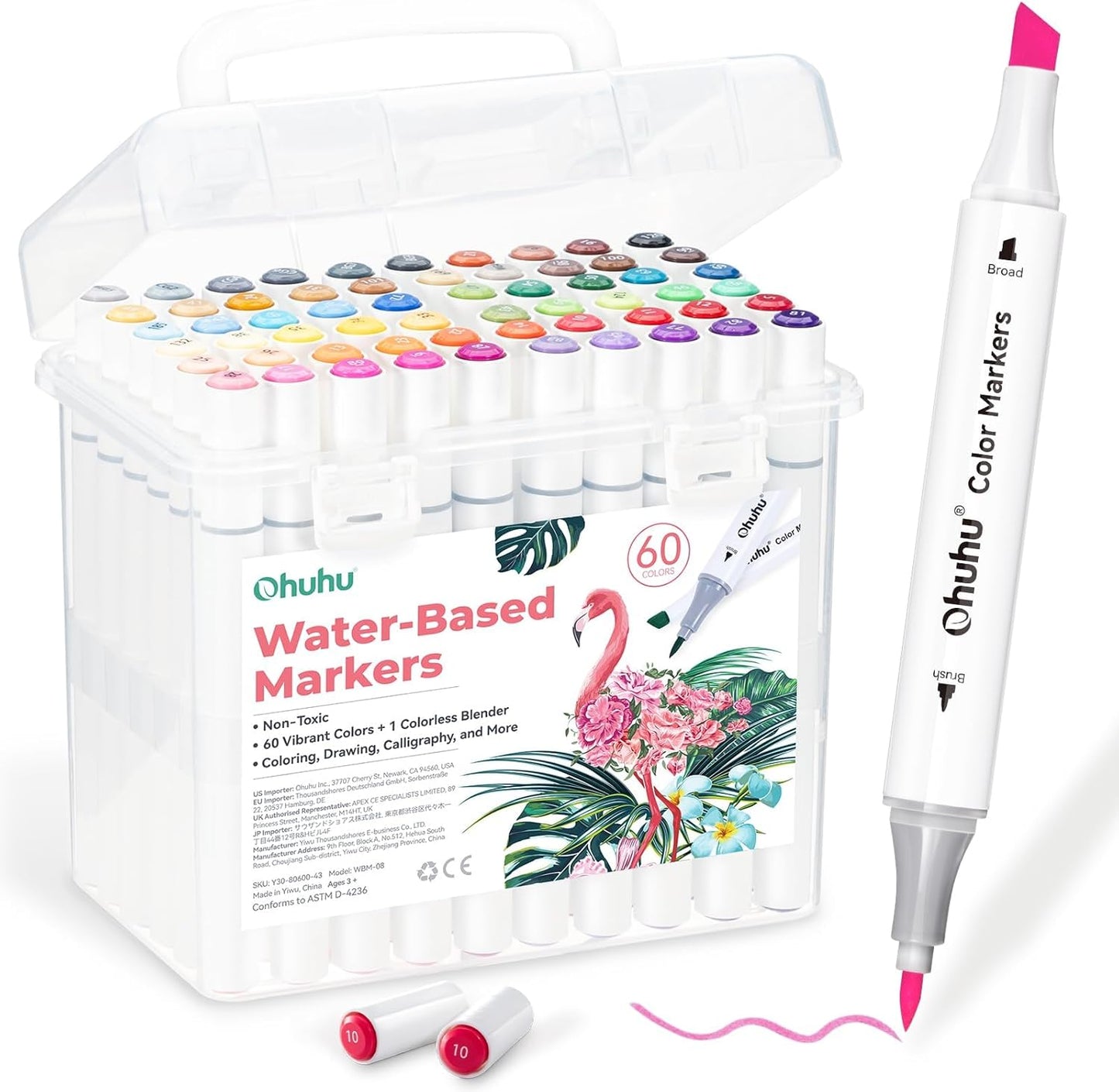 Ohuhu Set 60 Markere, Baza Apa, Varf Dublu Brush&Chisel, Multicolor Y30-80600-43