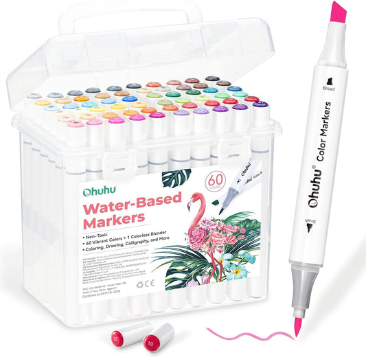 Ohuhu Set 60 Markere, Baza Apa, Varf Dublu Brush&Chisel, Multicolor Y30-80600-43