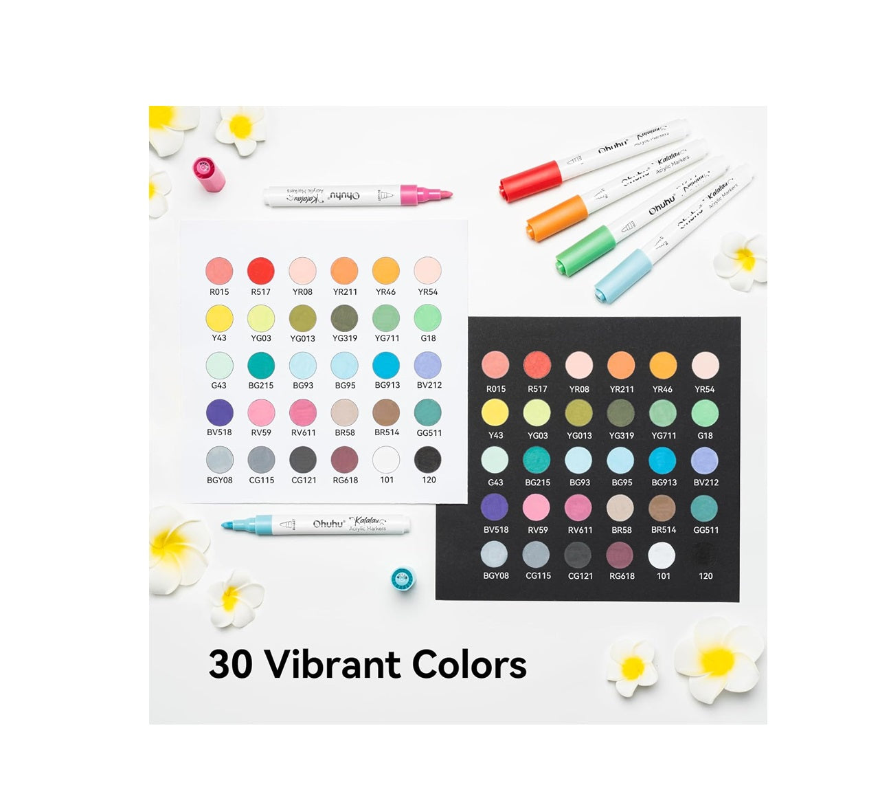Ohuhu Set 30 Markere Acrilice Kalalau, Baza Apa, Varf Rotund Flexibil, Pentru Sticla, Ceramica, Pietre, Lemn, Plastic, Hartie, Panza, Multicolor Y30-80601-54