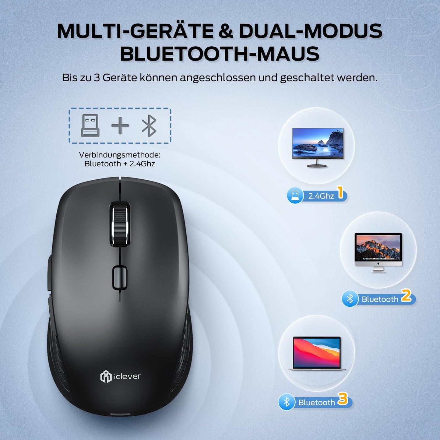 Mouse MD179 iClever Wireless, Dual Mode, 2, 4 GHz Receptor USB, Reincarcabil, Multi Dispozitiv, Multi-OS, Silentios, Negru