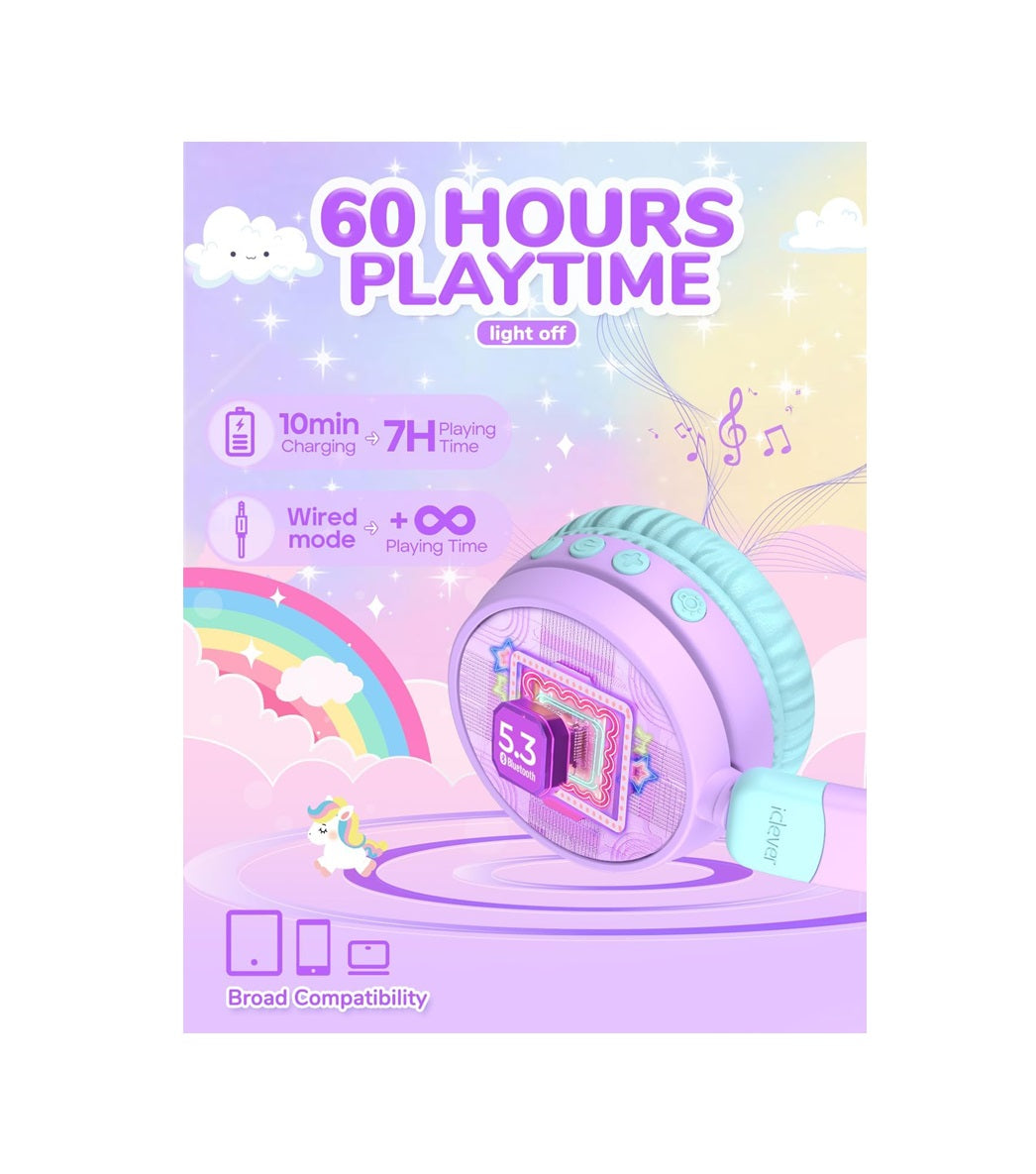 Căști iClever BTH21 Pentru Copii, Urechi Pisică Luminoase, Volum Sigur 74/85dBA, Timp Redare 60h, Bluetooth 5.3, USB C, Wireless, Cablu AUX, Culoare Violet/Verde