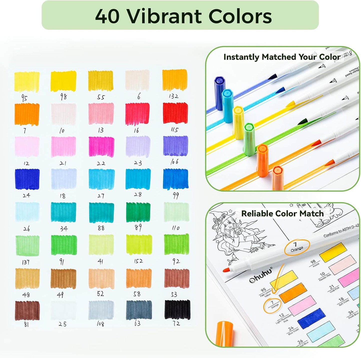 Ohuhu Set 40 Markere Pupe B  Si Carte De Colorat, Varf Dublu Brush&Fine, Paper-Friendly, Hârtie, 230 g/m², Baza Apa, Y30-80601-65