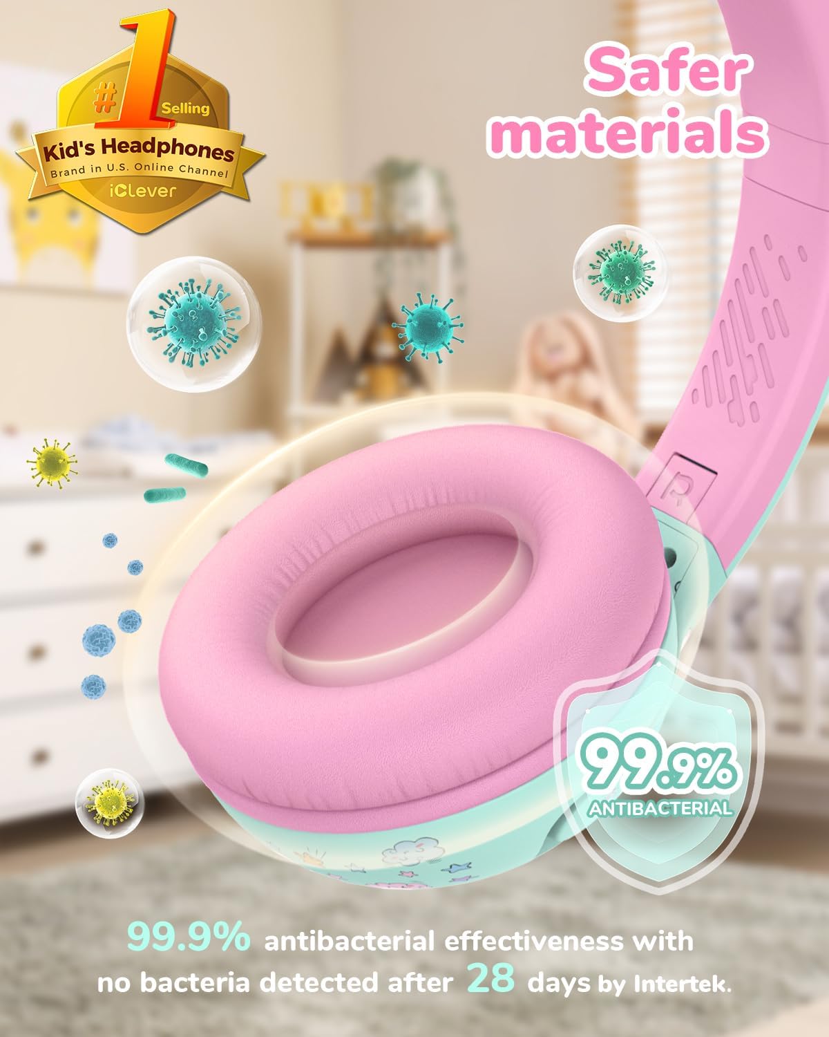 Căști iClever BTH27, Volum Limitat 75/80dBA, Redare 74h, Bluetooth 5.4, Fără BPA, Pentru Copii Mici 2+ ani, Certificare CPC, Culoare Verde&Roz