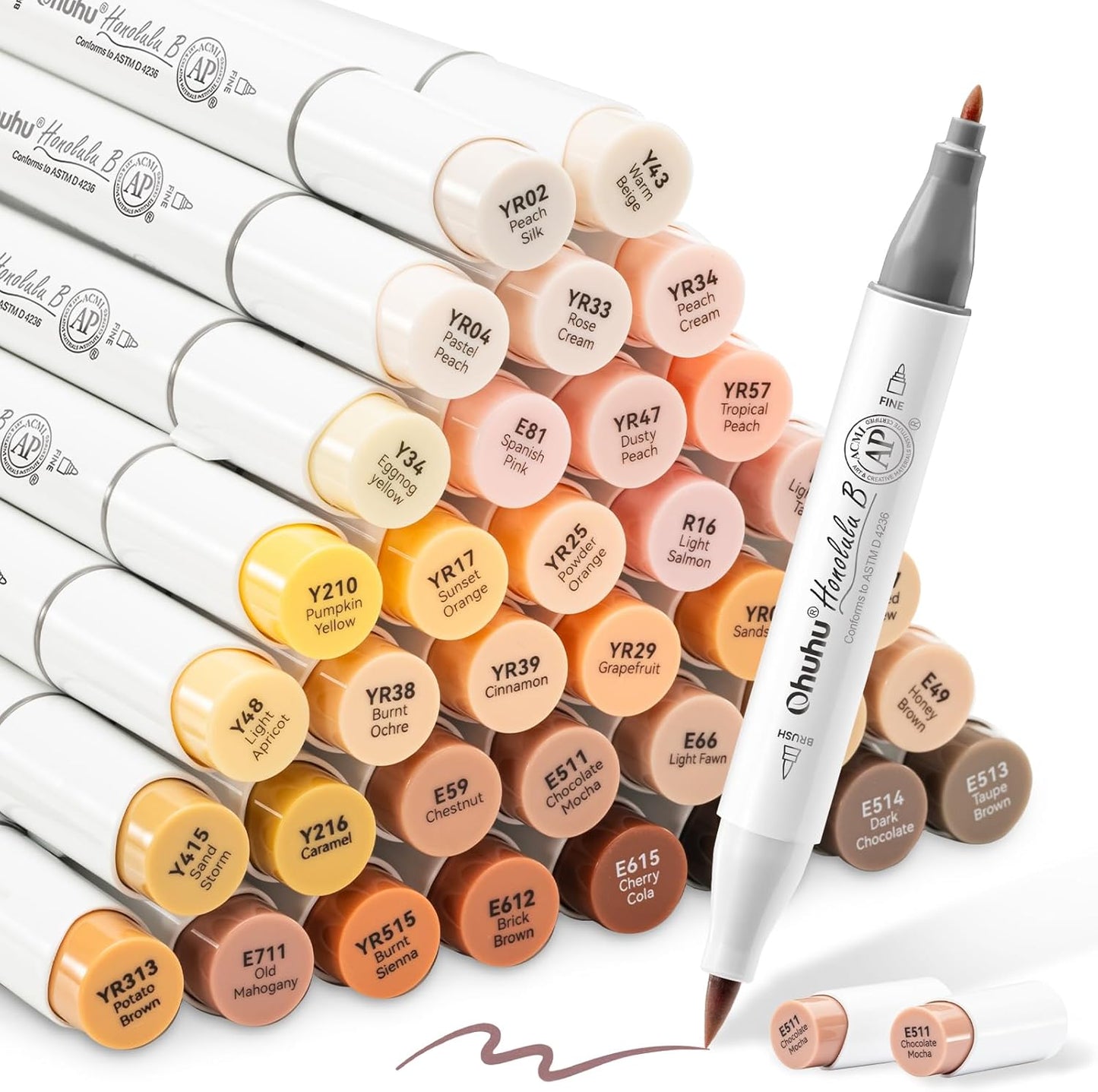 Ohuhu Honolulu B, Set 36 Markere, Baza Alcool, Dual Tips Brush&Fine, Skin Tones Y30-80404-81
