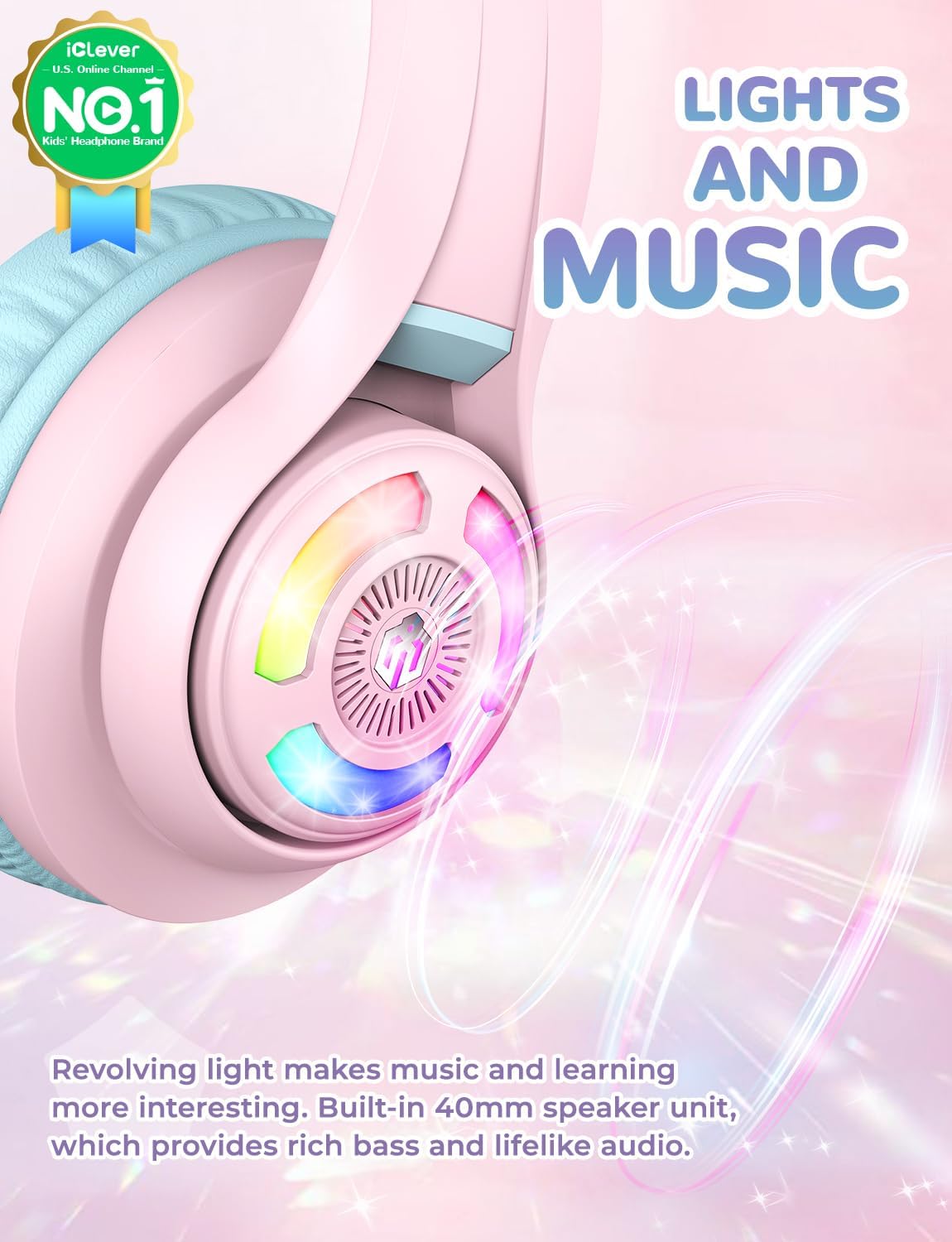 Căști iClever BTH13 Cat Ear Pentru Copii, Bluetooth 5.2, LED RGB , Volum Limitat 74/85dBA, Redare 50h, USB C, Wireless, Meow Macaron Pink