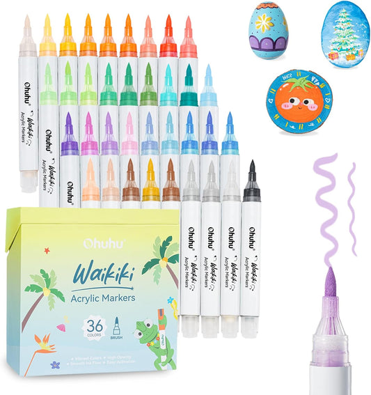 Ohuhu Waikiki Set 36 Markere Acrilice, Baza Apa, Varf Brush Flexibil, Pentru Sticla, Ceramica, Pietre, Lemn, Plastic, Hartie, Panza, Multicolor Y30-80601-99