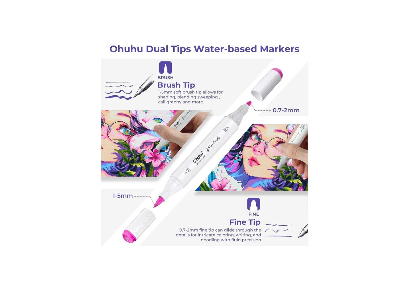 Ohuhu, Set 60 De Markere Paper-Friendly, Baza Apa, Varf Dublu Brush & Fine, Non-Toxic, Multicolor Y30-80600-65