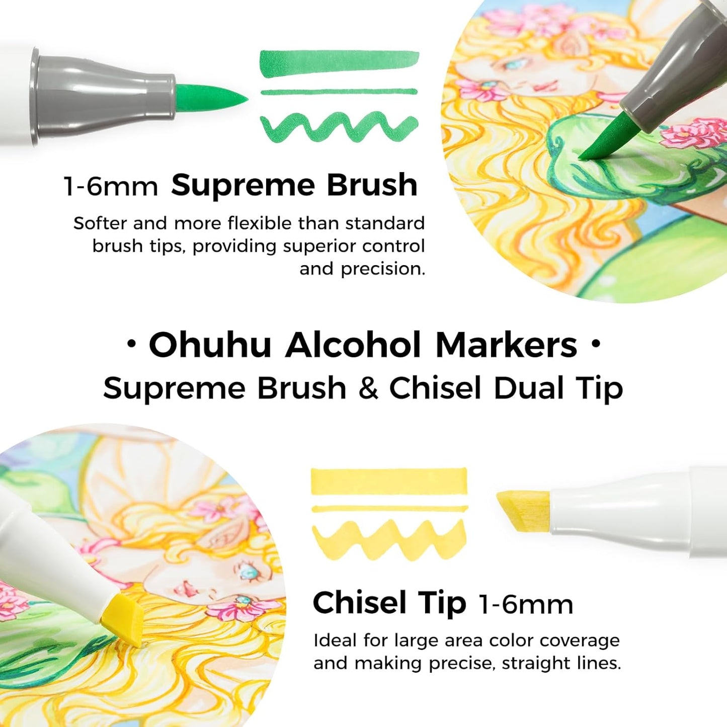 Ohuhu Honolulu Plus, Series Supreme, Set 24 Markere, Baza Alcool, Dual Tips Brush&Chisel, Cu Vârf Pensulă Din Cauciuc, Multicolor, Y30-80403-44