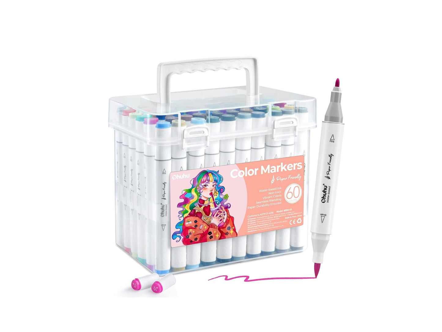 Ohuhu, Set 60 De Markere Paper-Friendly, Baza Apa, Varf Dublu Brush & Fine, Non-Toxic, Multicolor Y30-80600-65