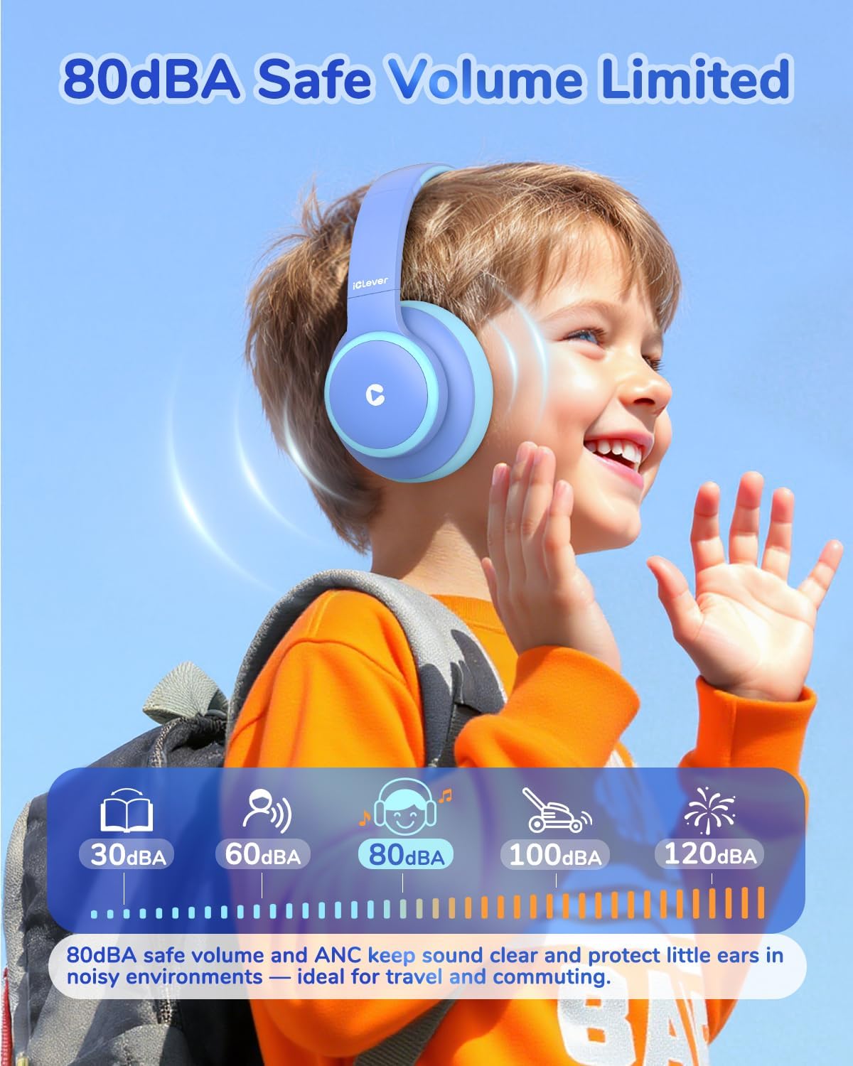 Căști iClever BTH26, Anulare Activă Zgomot, Redare 60h, Volum Sigur 80dBA, Incărcare Rapidă Tip C, Bluetooth 5.4, Culoare Albastru
