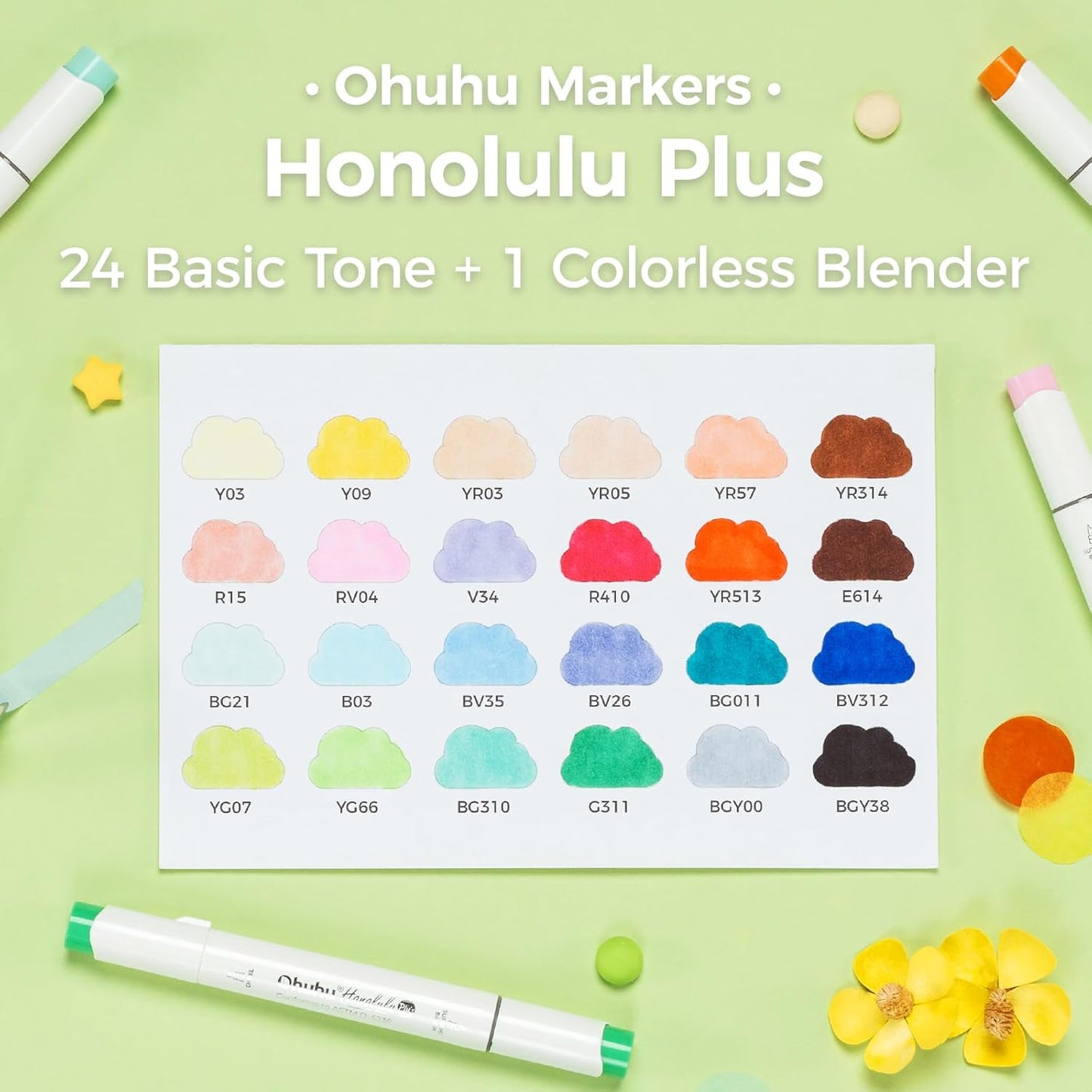 Ohuhu Honolulu Plus, Series Supreme, Set 24 Markere, Baza Alcool, Dual Tips Brush&Chisel, Cu Vârf Pensulă Din Cauciuc, Multicolor, Y30-80403-44