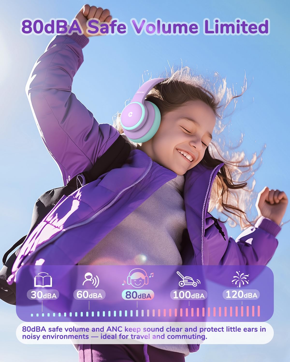Căști iClever BTH26, Anulare Activă Zgomot, Redare 60h, Volum Sigur 80dBA, Incărcare Rapidă Tip C, Bluetooth 5.4, Culoare Violet