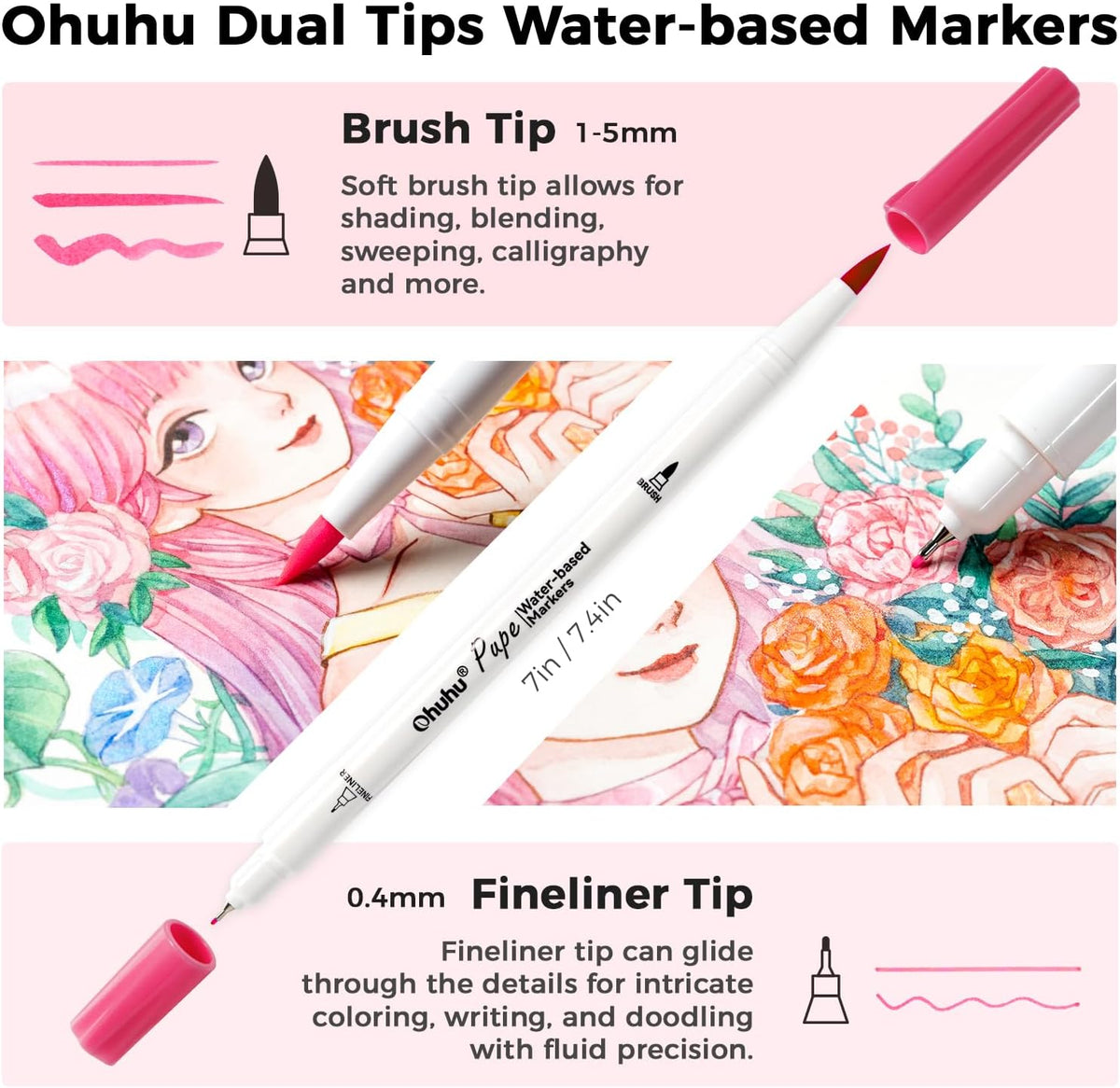 Ohuhu Pupe Set 120 Markere Paper Friendly, Bază Apă, Fără Peeling, Varf Dublu Brush & Fineliner, Non Toxic, Multicolor, Y30-80601-81