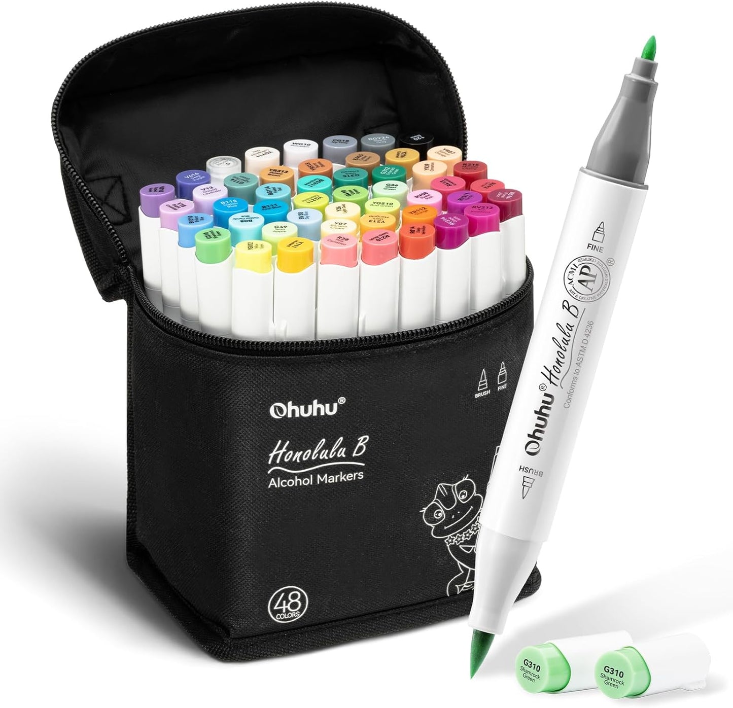 Ohuhu Honolulu² B Set 48 Markere, Baza Alcool, Dual Tips Brush&Fine, Multicolor Y30-80406-58