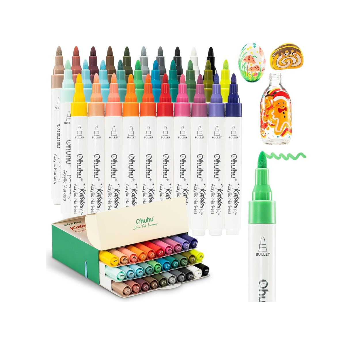 Ohuhu Set 30 Markere Acrilice Kalalau, Baza Apa, Varf Rotund Flexibil, Pentru Sticla, Ceramica, Pietre, Lemn, Plastic, Hartie, Panza, Multicolor Y30-80601-54