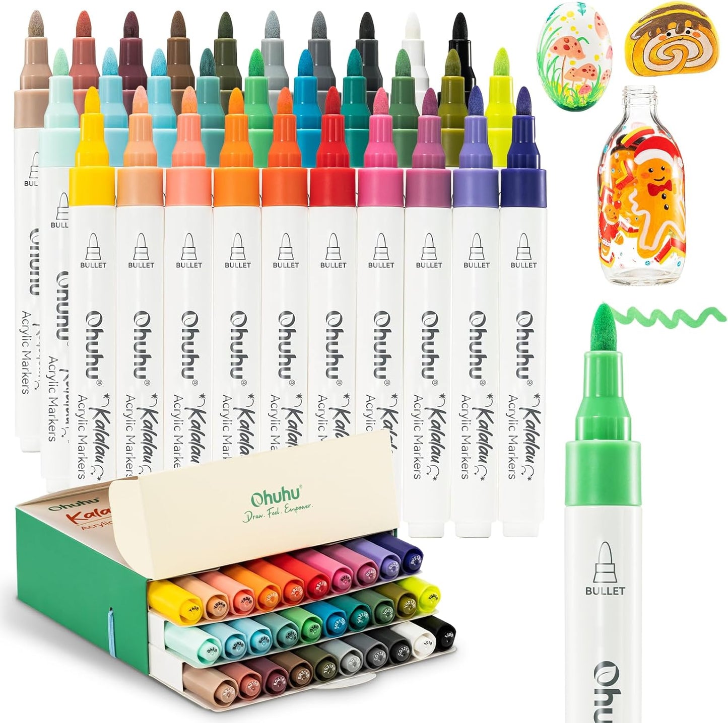 Ohuhu Kalalau Set 30 Markere Acrilice, Baza Apa, Varf Rotund Flexibil, Pentru Sticla, Ceramica, Pietre, Lemn, Plastic, Hartie, Panza, Multicolor Y30-80601-54