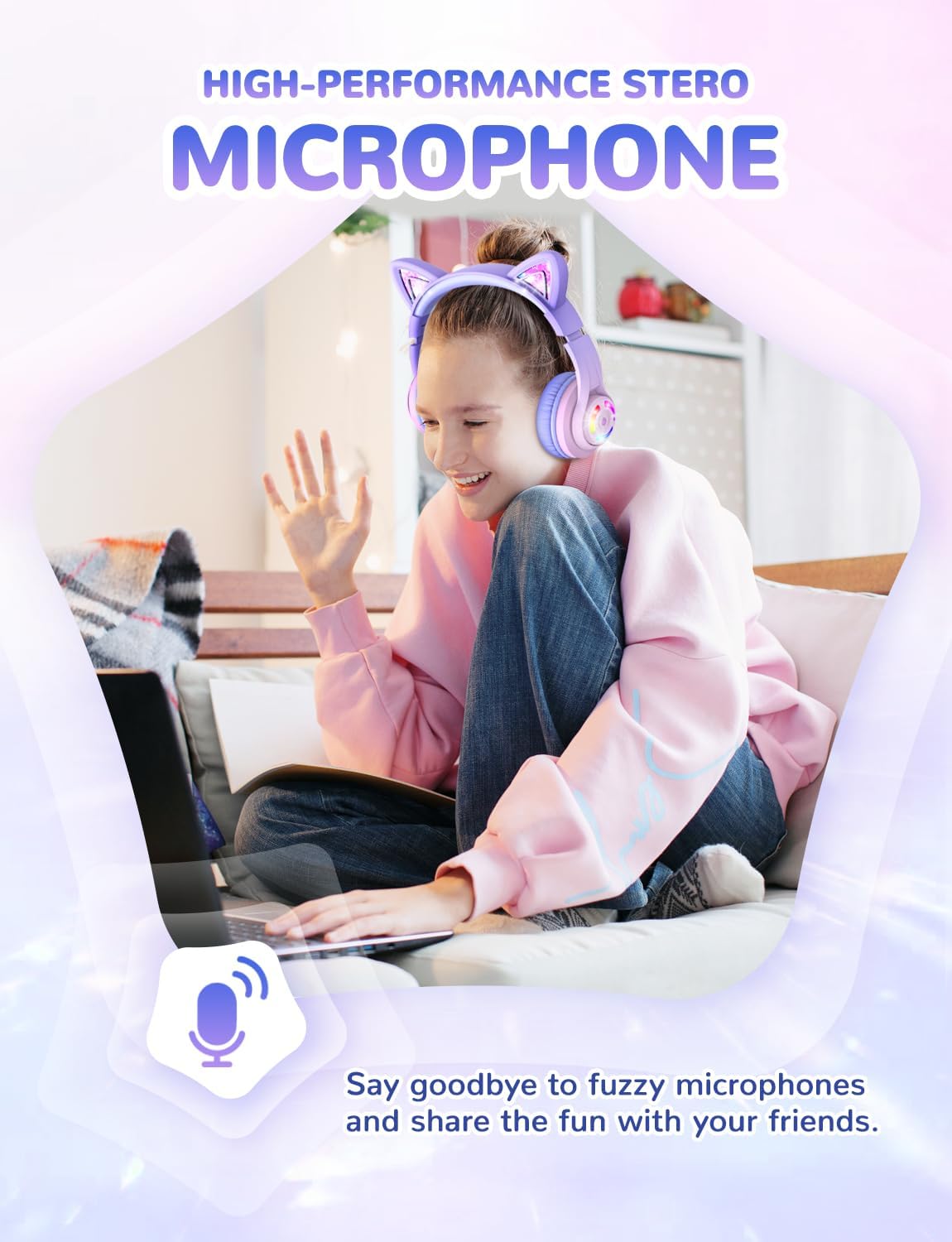 Căști iClever BTH13 Cat Ear Pentru Copii, Bluetooth 5.2, LED RGB , Volum Limitat 74/85dBA, Redare 50h, USB C, Wireless, Culoare Gradient Pink