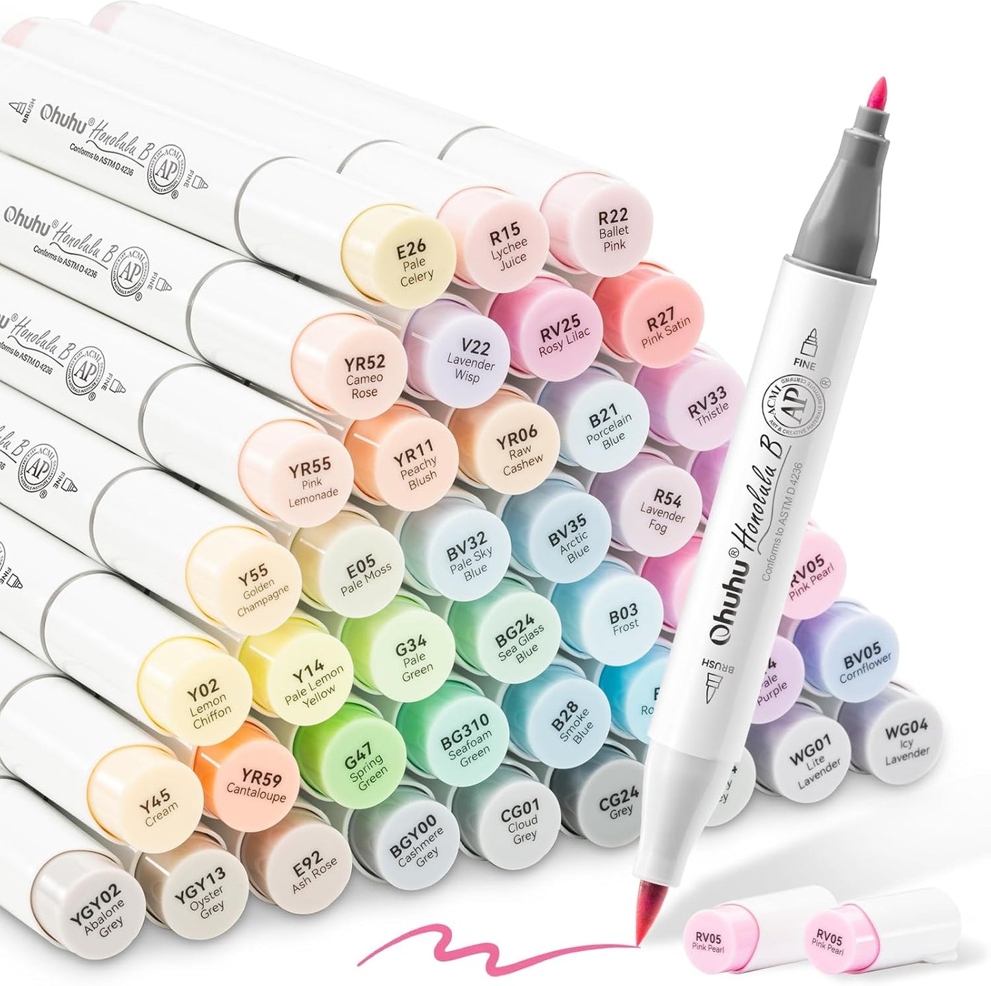 Ohuhu Honolulu B, Set 48 Markere, Baza Alcool, Dual Tips Brush&Fine, Culori Pastel Y30-80406-06